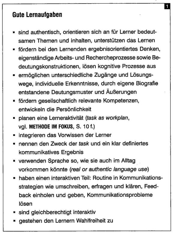 Müller-Hartmann, A. & Schocker-Ditfurth, M. (2006). Gute Lernaufgaben. Schema 3 in: Der Fremdsprachliche Unterricht Englisch 84/2006 p. 5