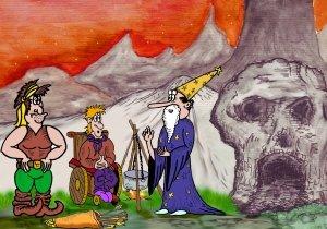 Bild 1 17b - Die Freunde treffen vor der Höhle wieder - der Zauberer ist schon da.