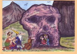 Bild 2 17b - Die Freunde treffen vor der Höhle wieder - der Zauberer ist schon da.